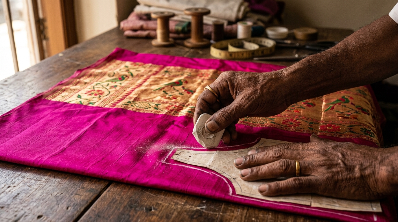 A Paithani Nauvari saree draped elegantly across a traditional setting