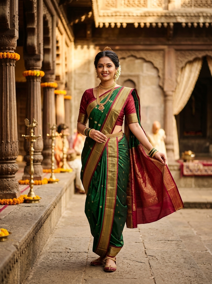 Green and maroon Nauvari saree before and after ready-to-wear conversion
