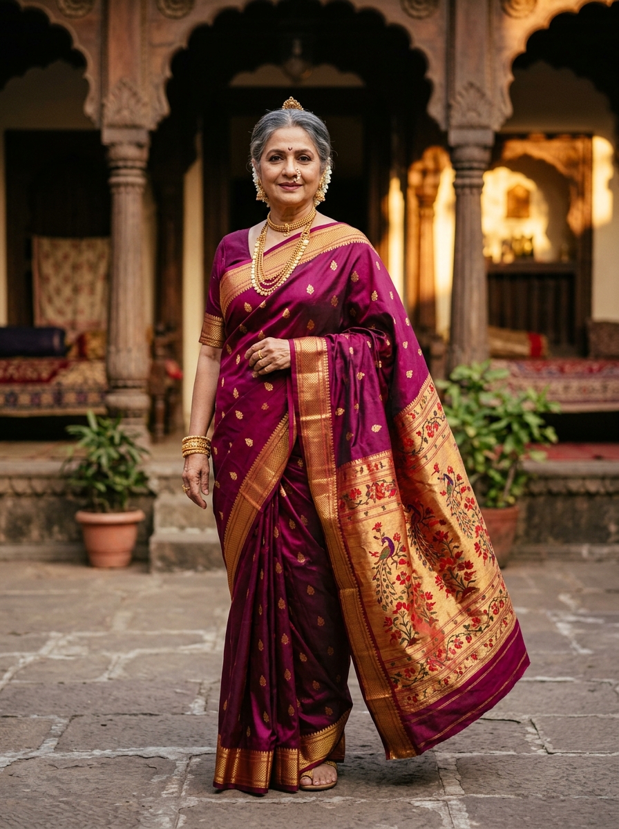 Dark magenta heirloom Nauvari gently repaired and stitched
