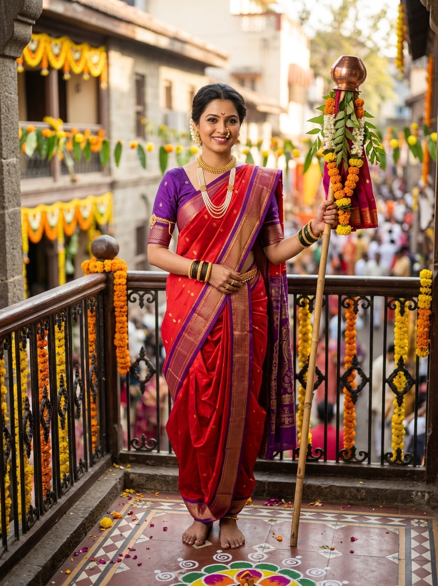 Red and purple Nauvari saree transformed for Gudi Padwa