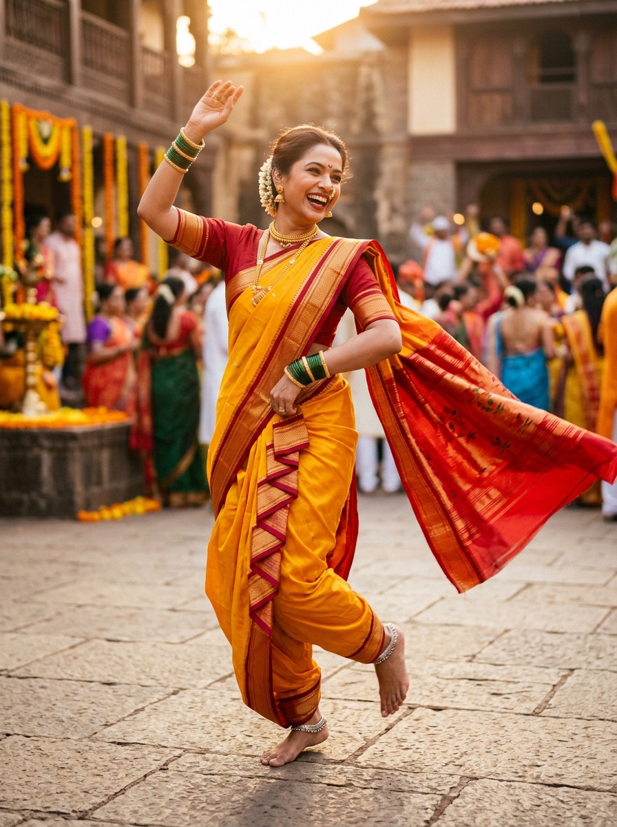 Yellow and red Nauvari made ready to wear for festival